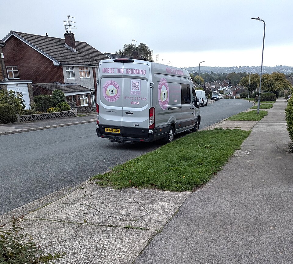 Mobile pet grooming van on a neighborhood route