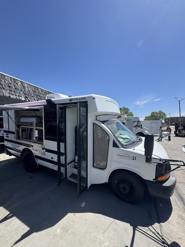 Exterior of the Grand Junction food bus, front three-quarter view