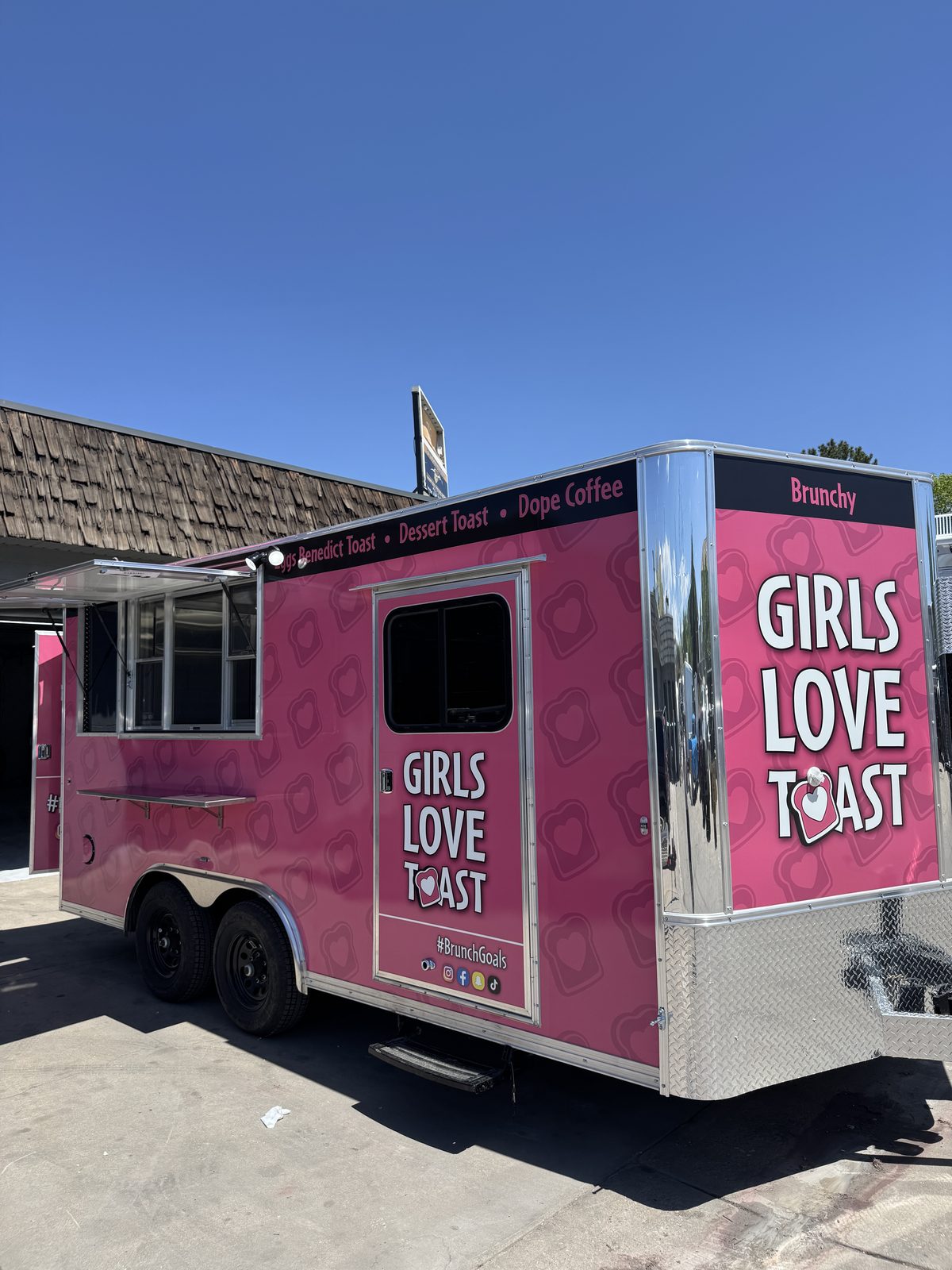 16ft fancy toast and iced coffee trailer built for Boulder, Colorado, service side with the window and awning open