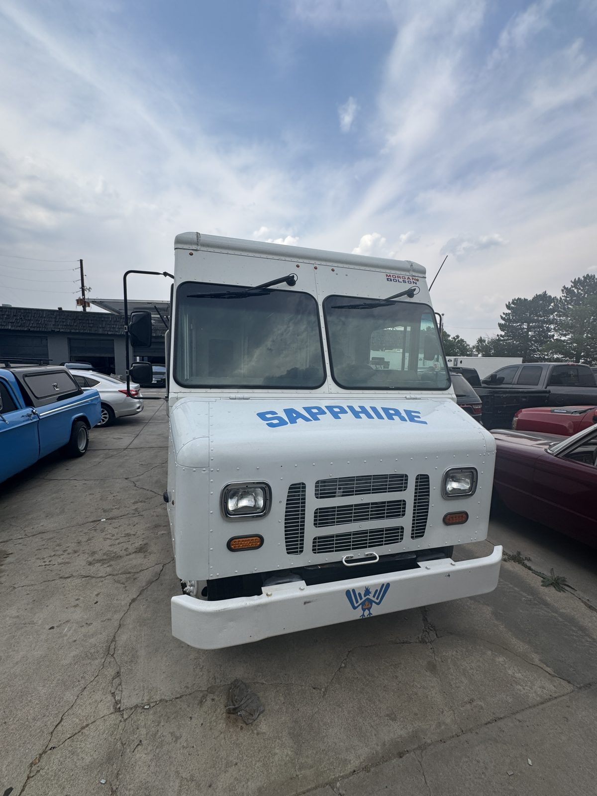 Front view of the Sapphire Chicken 16ft fried chicken food truck in Corvallis, Montana