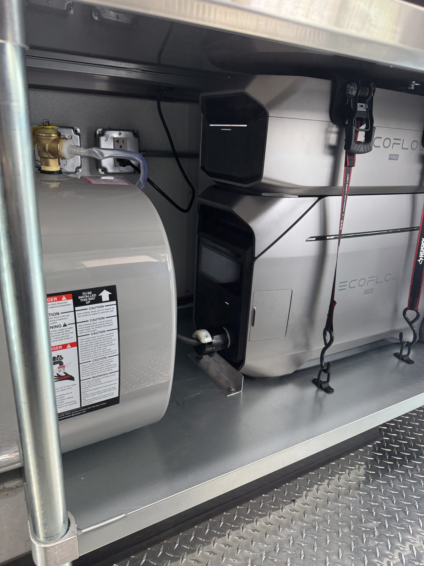 EcoFlow battery power station and electric water heater under the counter of the boba truck