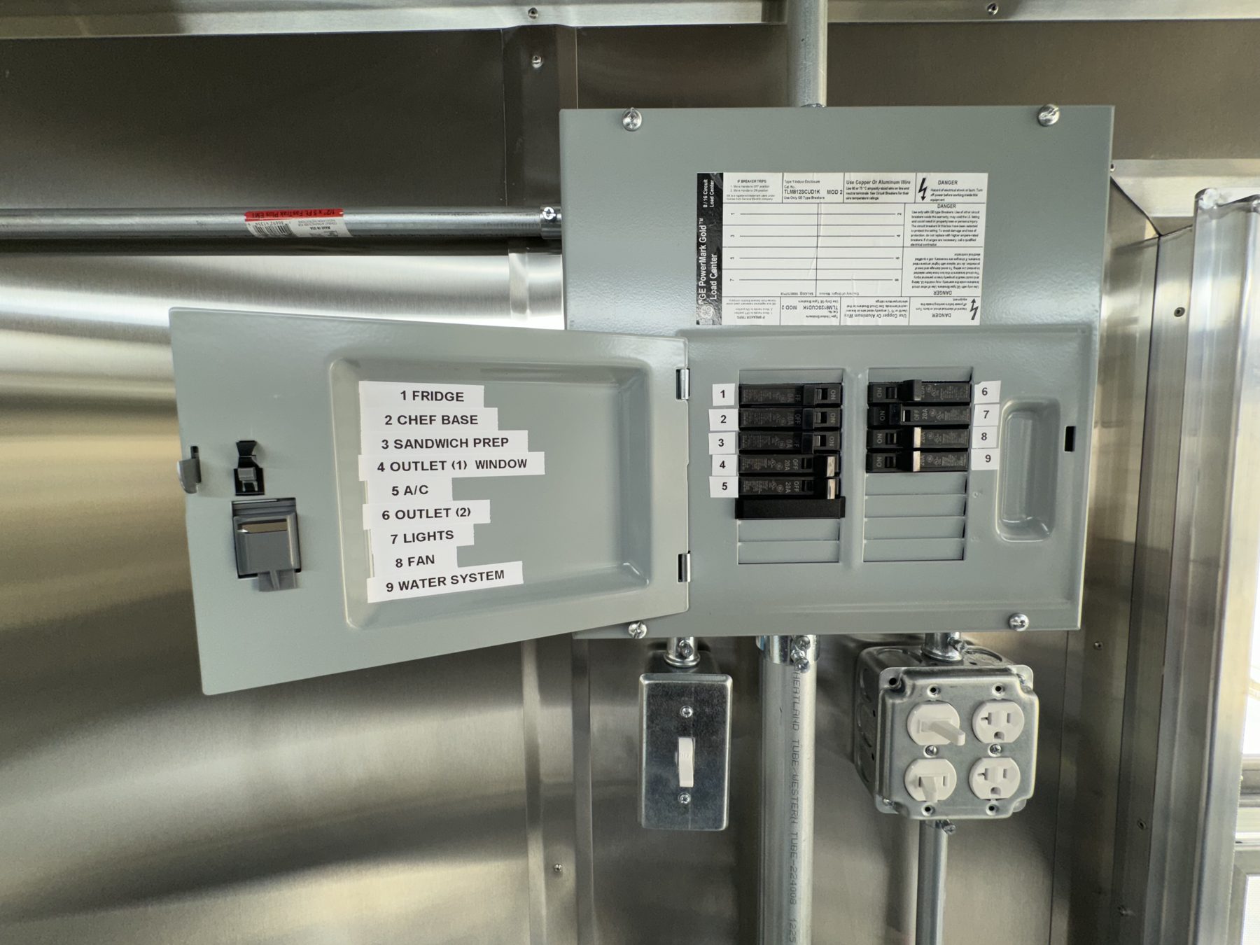Breaker panel in the taco truck with every circuit labelled, fridge, chef base, sandwich prep, AC, lights, fan and water