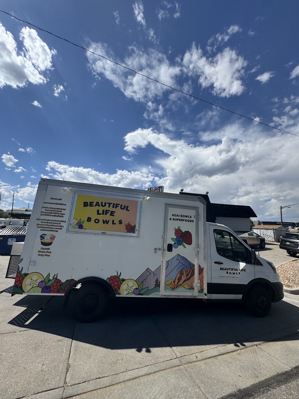Side of the açaí bowl food truck showing the mountain and fruit graphics