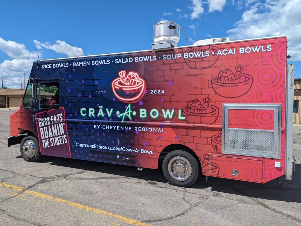 Sixteen foot Crav-A-Bowl food truck built for Cheyenne Regional Medical Center, curb side