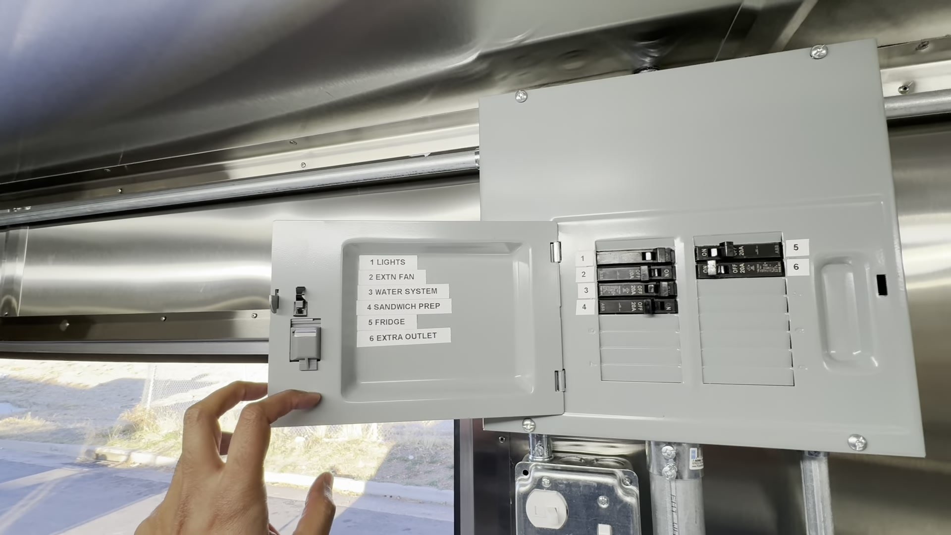 Breaker panel in the food trailer with each circuit labelled, lights, extraction fan, water system, sandwich prep, fridge and extra outlet